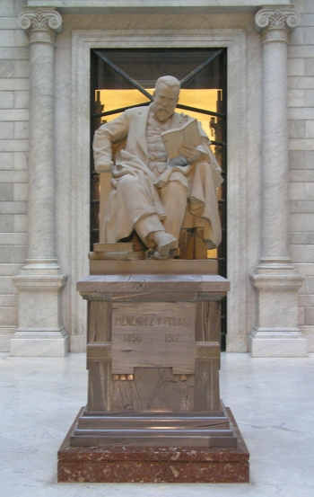 Statue of Marcelino Menéndez y Pelayo in the lobby of the Biblioteca Nacional de España, Madrid, Spain